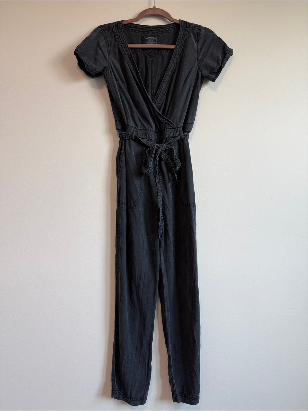 Abercrombie Bohemian Wrap-Front Black Jumpsuit with Tie Waist